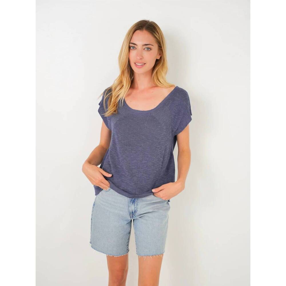 NEW STITCHDROP karlie stitch cotton short sleeve sweater top in navy